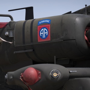 The insignia of the 82nd Airborne Division of the U.S. Army is seen in June 2025 on a U.S. Army AH-64E Apache helicopter at Joint Base AndrewsMd.before a military parade commemorating the Army's 250th anniversary.