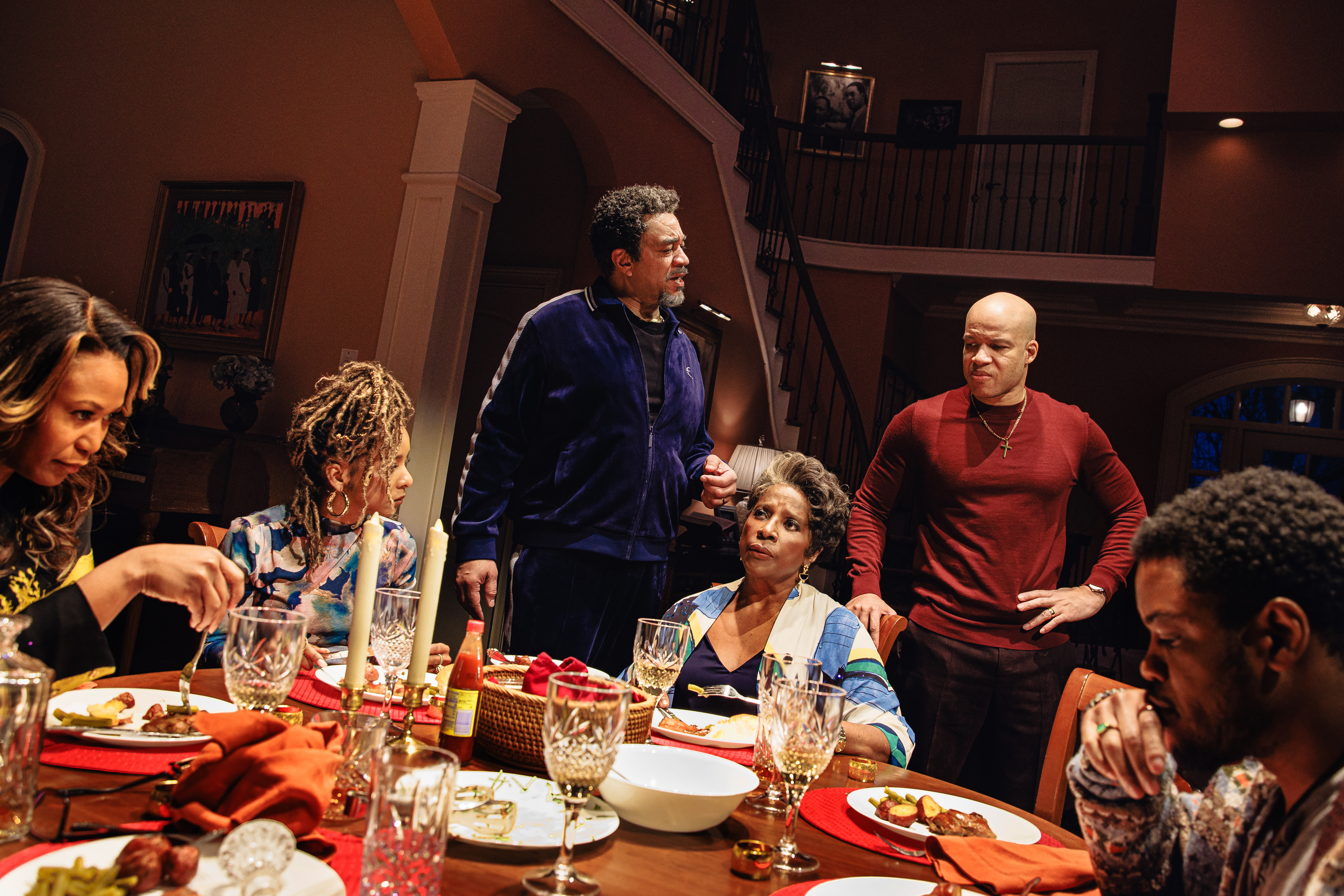 Left to right: Alana Arenas (Morgan), Kara Young (Aziza), Harry Lennix (Solomon), LaTanya Richardson Jackson (Claudine), Glenn Davis (Junior) and Jon Michael Hill (Naz) perform in a Broadway production of the play <em>Purpose</em>, written by Branden Jacobs-Jenkins and directed by Phylicia Rashad.