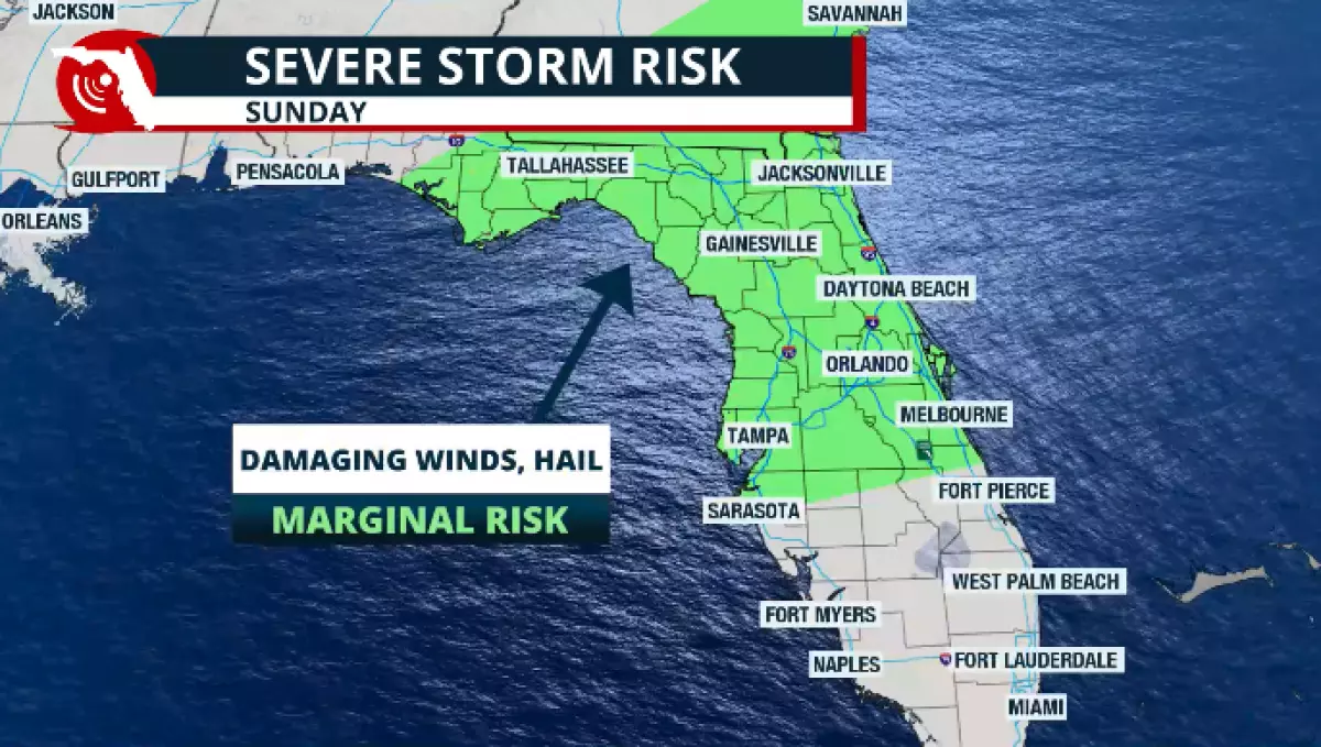 Marginal risk between Sunday and Monday early morning as the cold front pushes over the Panhandle and Central Florida.