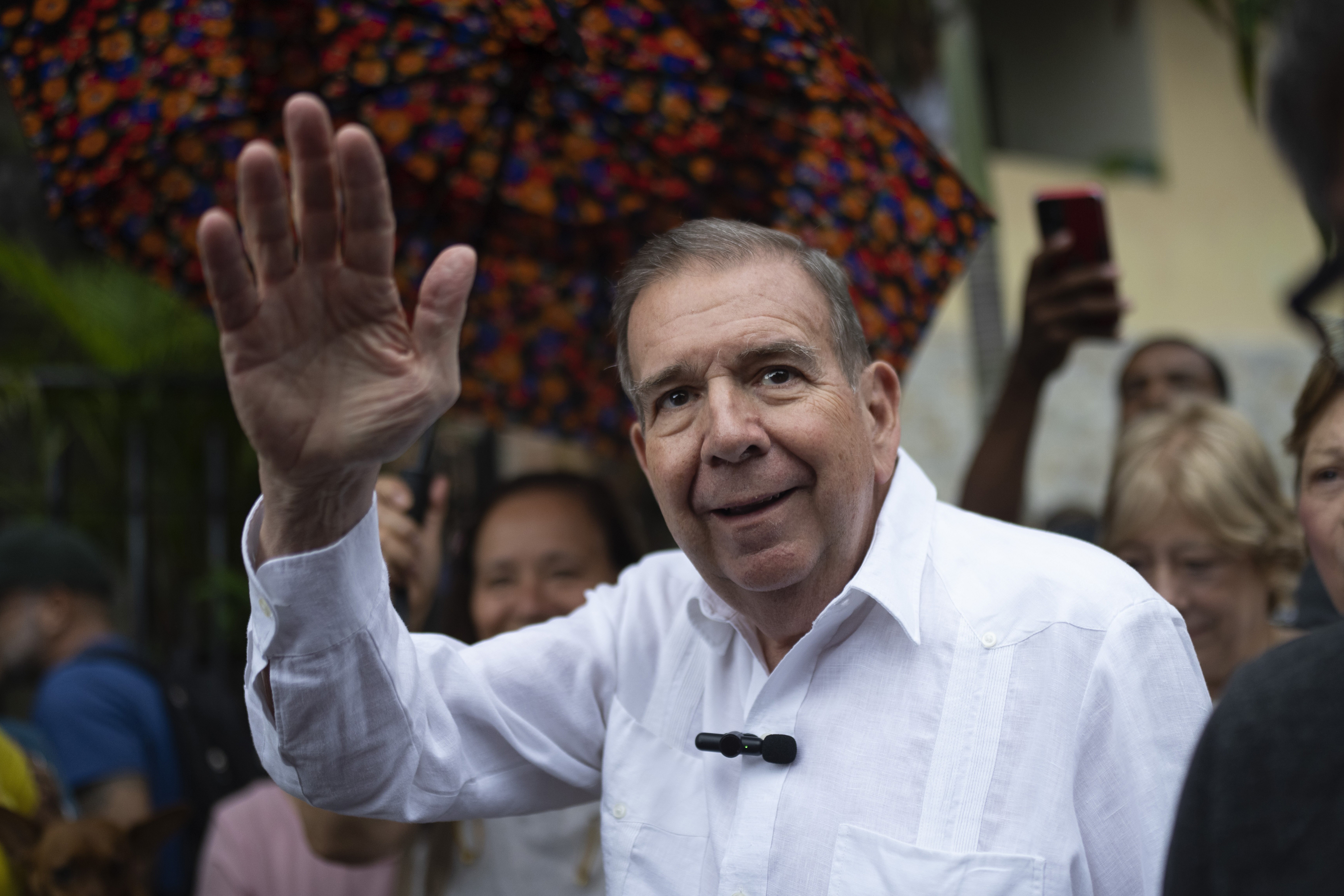 Venezuelan opposition presidential candidate Edmundo González waves to supporters during a political event at a square in the Hatillo municipality of Caracas, Venezuela, June 19, 2024.