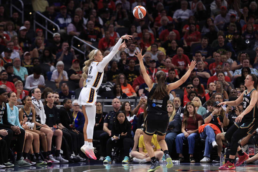 Sophie Cunningham #8 of the Indiana Fever takes a shot during the second half against the New York Liberty at Gainbridge Fieldhouse on Aug. 11 in Indianapolis.