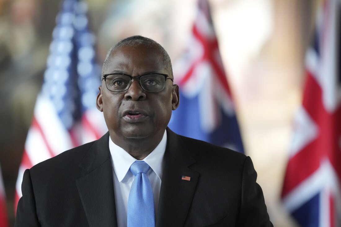 Secretary of Defense Lloyd Austin is shown speaking in Greenwich, London, Sept. 26, 2024.