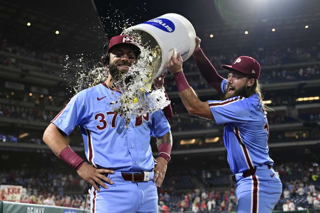 Weston Wilson, center, after a victory over the Washington Nationals on Aug. 15, 2024.