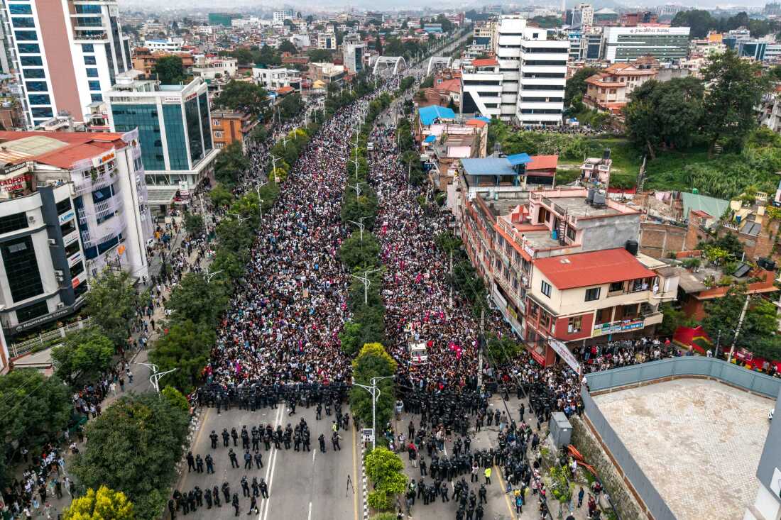 Aerial view of protesters gathered outside Nepal's Parliament in Kathmandu on September 8.