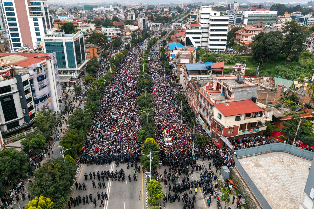 An aerial view shows demonstrators gathered outside Nepal's Parliament during a protest in Kathmandu on Sept. 8.