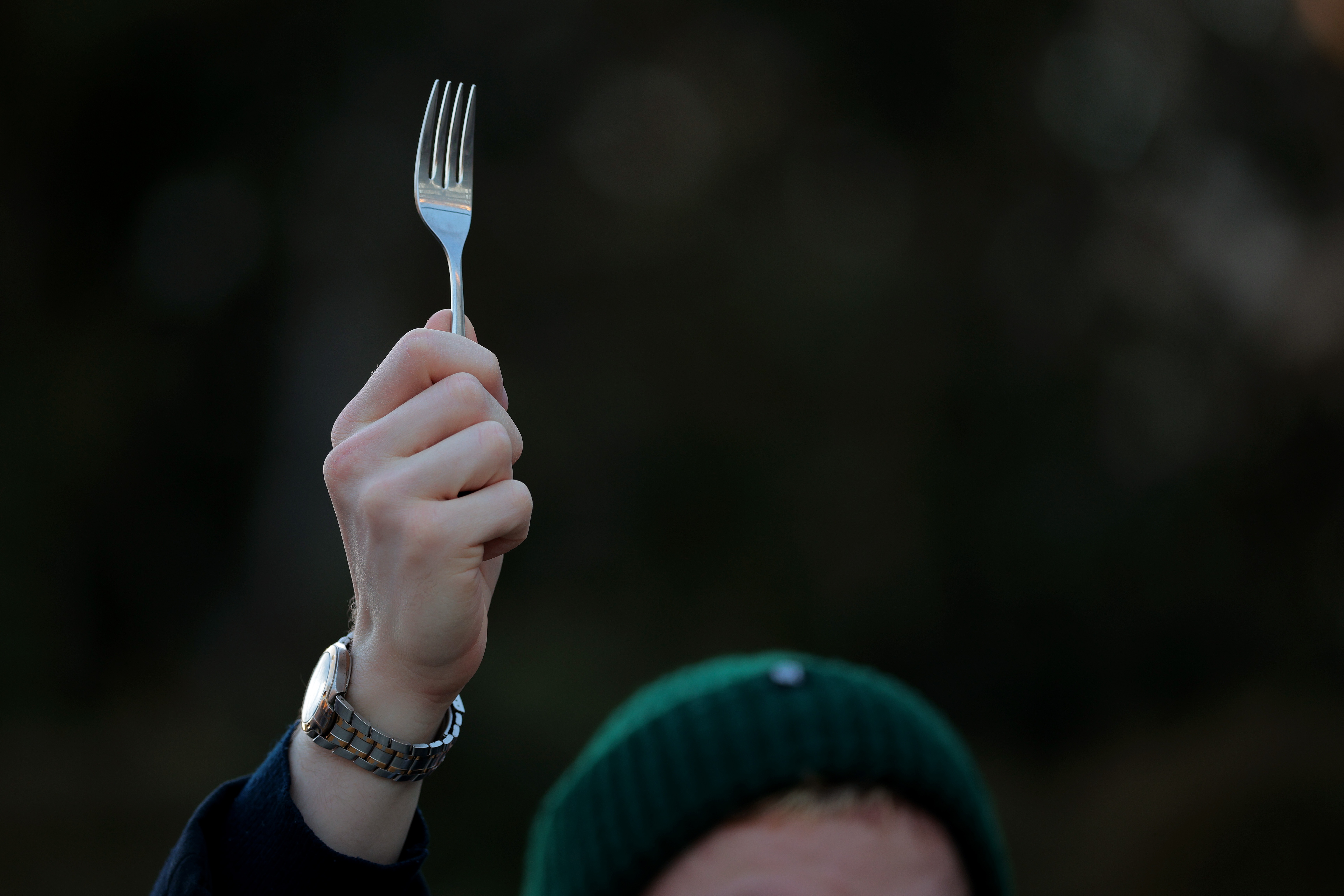 A protester holds a fork during a rally against billionaire Elon Musk and his Department of Government Efficiency (DOGE) on Feb. 7 in Washington, D.C.