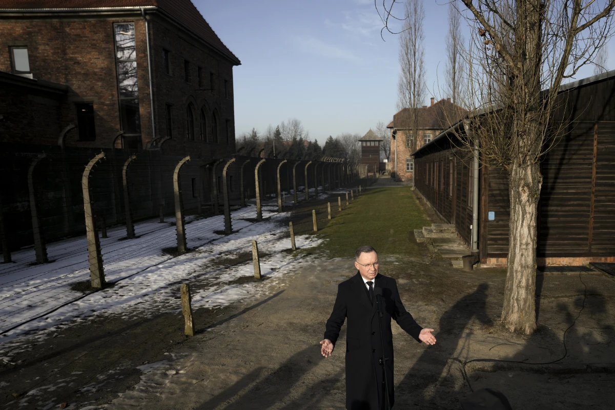 Polish President Andrzej Duda speaks at the Auschwitz-Birkenau former Nazi German death camp, during a ceremony marking the 80th anniversary of the camp's liberation in Oswiecim, Poland, on Monday.