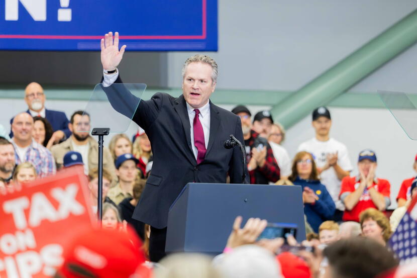 Gov. Mike Dunleavy speaks at Trump's Wasilla rally on Oct. 13.