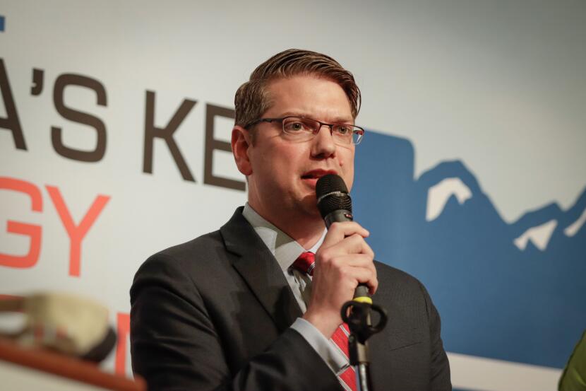 Nick Begich speaks at the Alaska Oil & Gas Association candidate forum on Wednesday, Aug. 31, 2022.