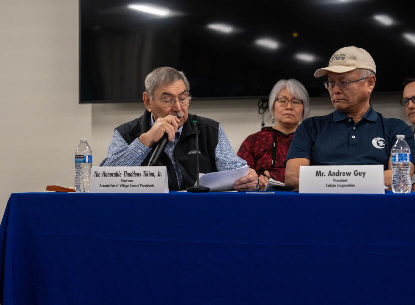 Thaddeus Tikiun Jr., chair of the Association of Village Council Presidents, testifies at a hearing held by the U.S. Senate Committee on Indian Affairs at the Yukon-Kuskokwim Health Corporation hospital in Bethel on May 6, 2026.