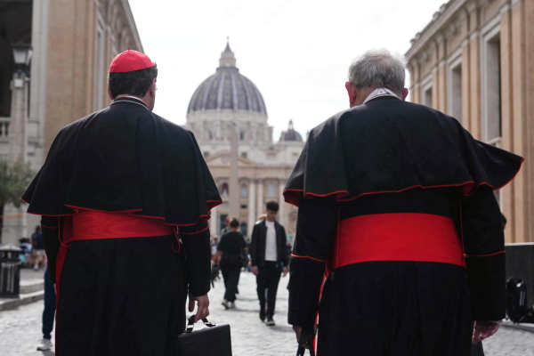 In this photo, Canadian Cardinal Thomas Christopher Collins and Canadian Cardinal Francis Leo are photographed from behind as they walk side by side on Via della Conciliazione, near the Vatican. St. Peter's Basilica, with its large dome, is in the background.