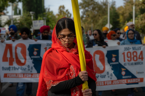 Marchers walk the last 3 miles from Gurdwara Sahib Sikh Temple to the California State Capital after a 300 mile journey starting all the way from Bakersfield. Sacramento, California. November 1, 2024.