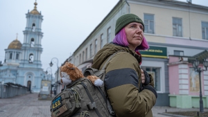 Combat medic Olena Ivanenko, 44, takes a break from the frontline in the northern city of Sumy earlier this year.