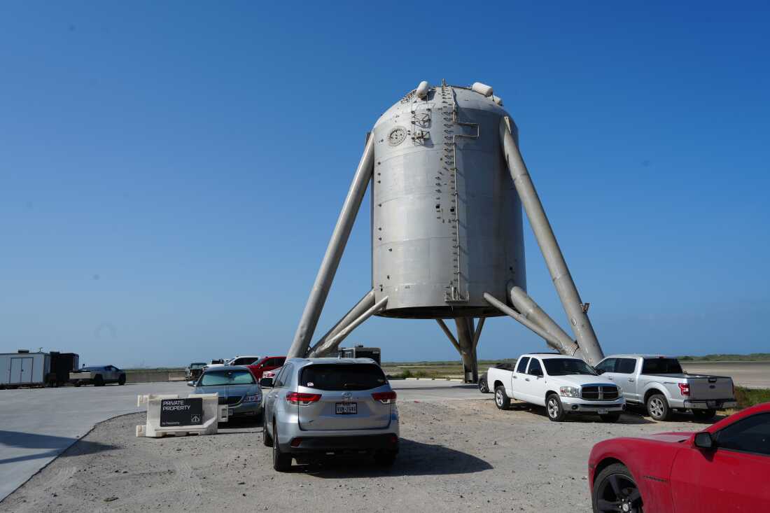 A Starhopper, an early prototype of SpaceX rockets to test engines, sits in the company's complex in south Texas.