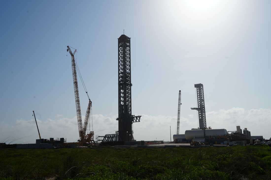 A view from Boca Chica Beach towards two SpaceX launch pads, in south Texas.