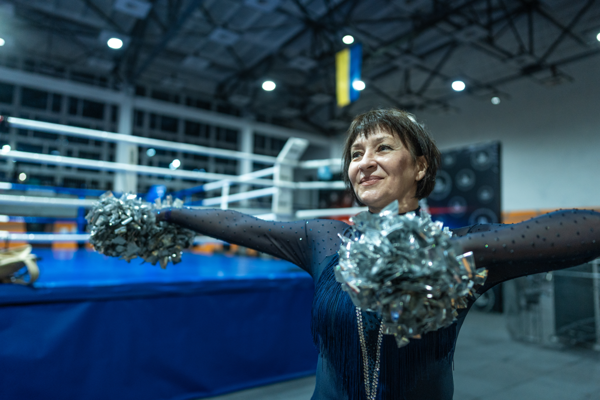 Chemistry teacher Inna Skryl, 56, says joining the Sunrise cheerleading squad helped lift her out of a deep depression caused by the constant bombing of her hometown, Kharkiv, in Ukraine's northeast.