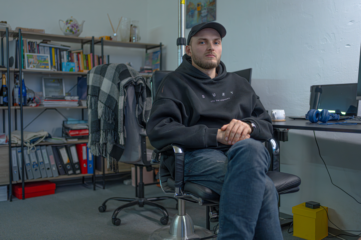 Dmytro Tyshchenko, co-founder and CEO of CUKR, an online magazine focusing on community news in Sumy, at his office earlier this year.  'We are here to challenge Russian propaganda and the constant depressive situation of war,' he said. CUKR lost more than half of its funding after the Trump administration shut down USAID.