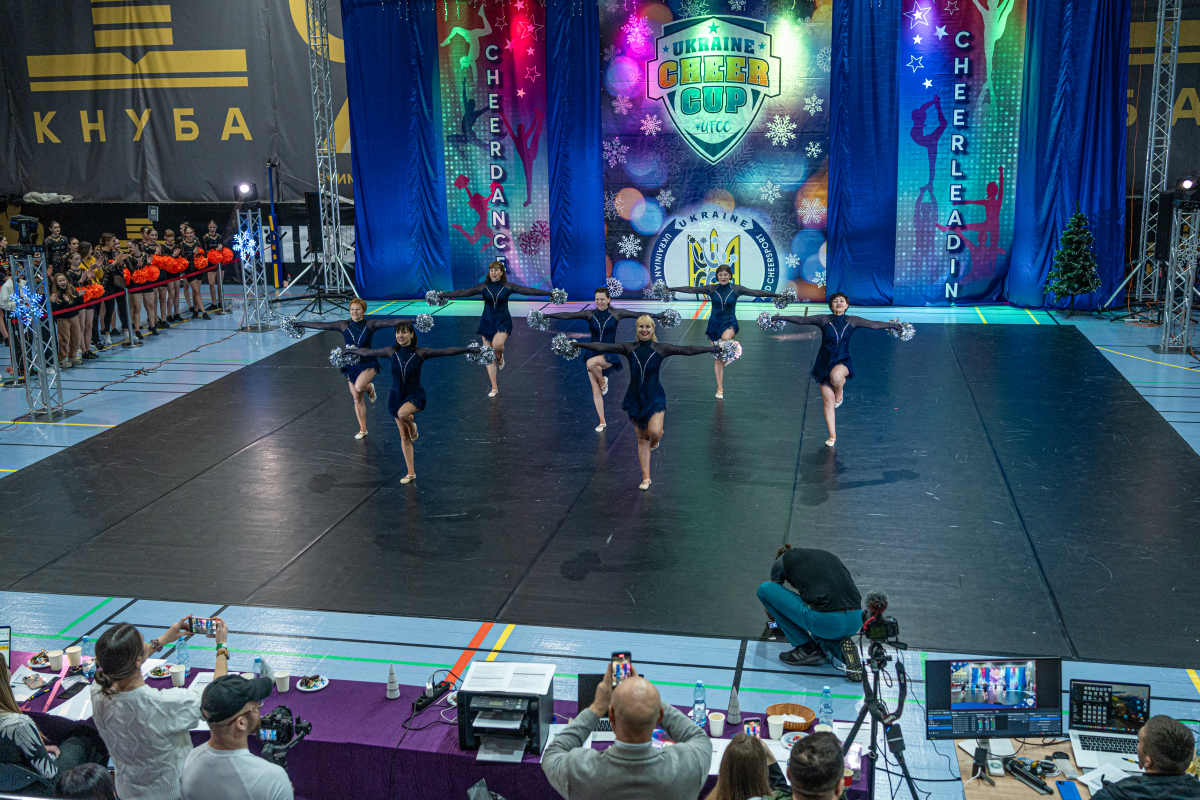 The Sunrise cheerleading team performs at Kyiv's Ukraine Cheer Cup competition on Dec. 13, 2025.