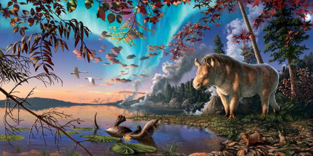 This artistic recreation shows the Arctic rhino, Epiatheracerium itjilik, on the edge of its forested lake habitat in what is now Canada, some 23 million years ago.