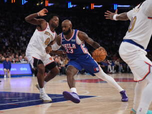 Philadelphia 76ers forward LeBron James (23) drives against New York Knicks forward Og Anunoby during the second half of an NBA basketball game Tuesday, Oct. 20, 2026, in New York.