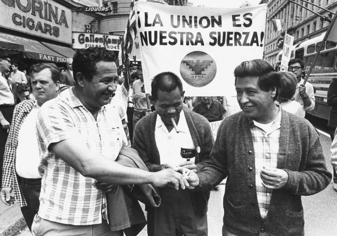  Julio Hernandez (UFW officer), Larry Itliong (UFW director), and Cesar Chavez.