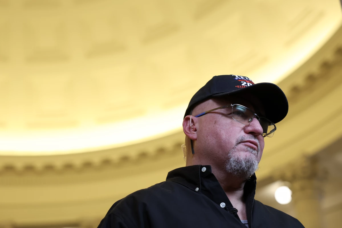Oath Keepers founder Stewart Rhodes speaks to the press in the Cannon Rotunda on Jan. 22, 2025 in Washington, D.C.