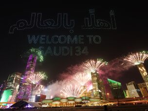 A drone show is seen displaying the words
