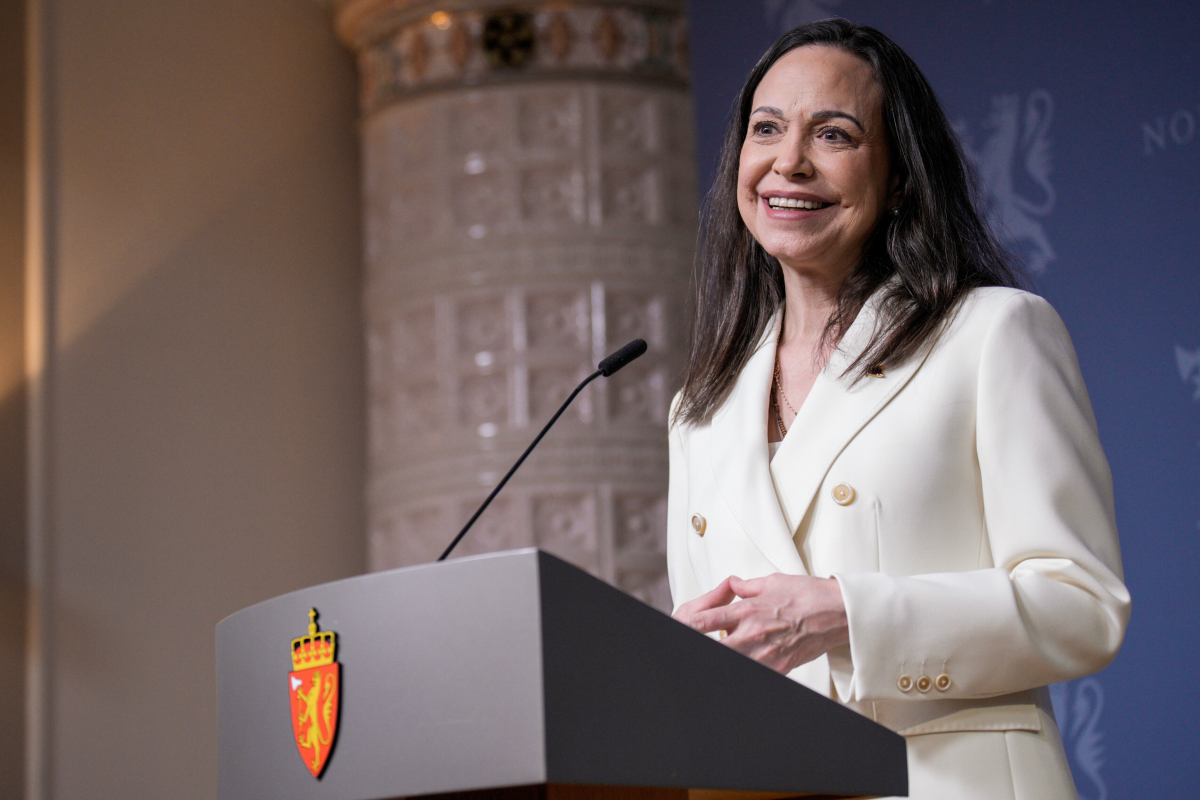 Nobel Peace Prize laureate María Corina Machado speaks during a news conference at the government's representative facilities in Oslo, Norway, Dec. 11, 2025.