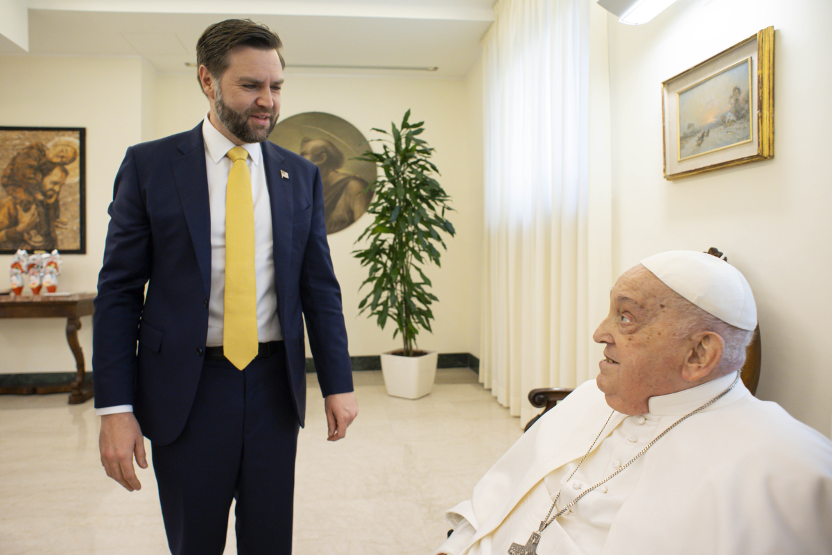 Pope Francis meets with Vice President Vance and delegation during an audience at Casa Santa Marta on April 20 in Vatican City, Vatican.