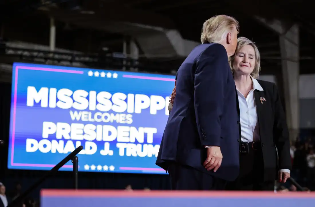 President Trump embraces Mississippi Republican Sen. Cindy Hyde-Smith at a campaign rally on Oct. 26, 2026 in Corinth, Miss.
