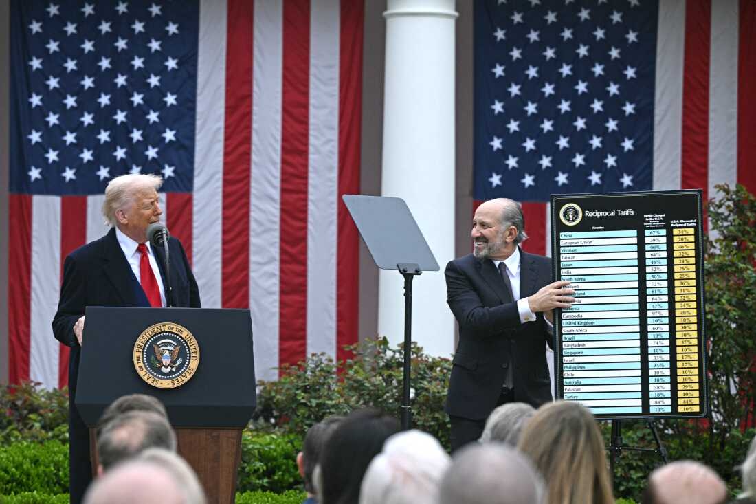 President Trump delivers remarks on reciprocal tariffs as Secretary of Commerce Howard Lutnick holds a chart during an event in the Rose Garden entitled "Make America Wealthy Again" at the White House in Washington, D.C., on April 2, 2025.