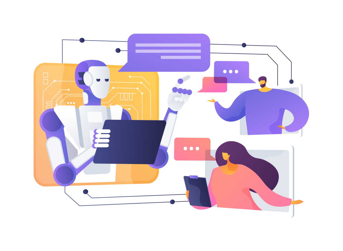 restaurants This illustration shows people chatting with a robot, symbolizing the use of AI chatbots.