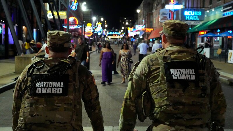 Members of the National Guard stand watch on Beale St., Friday, July 17, 2026, in Memphis, Tenn.  