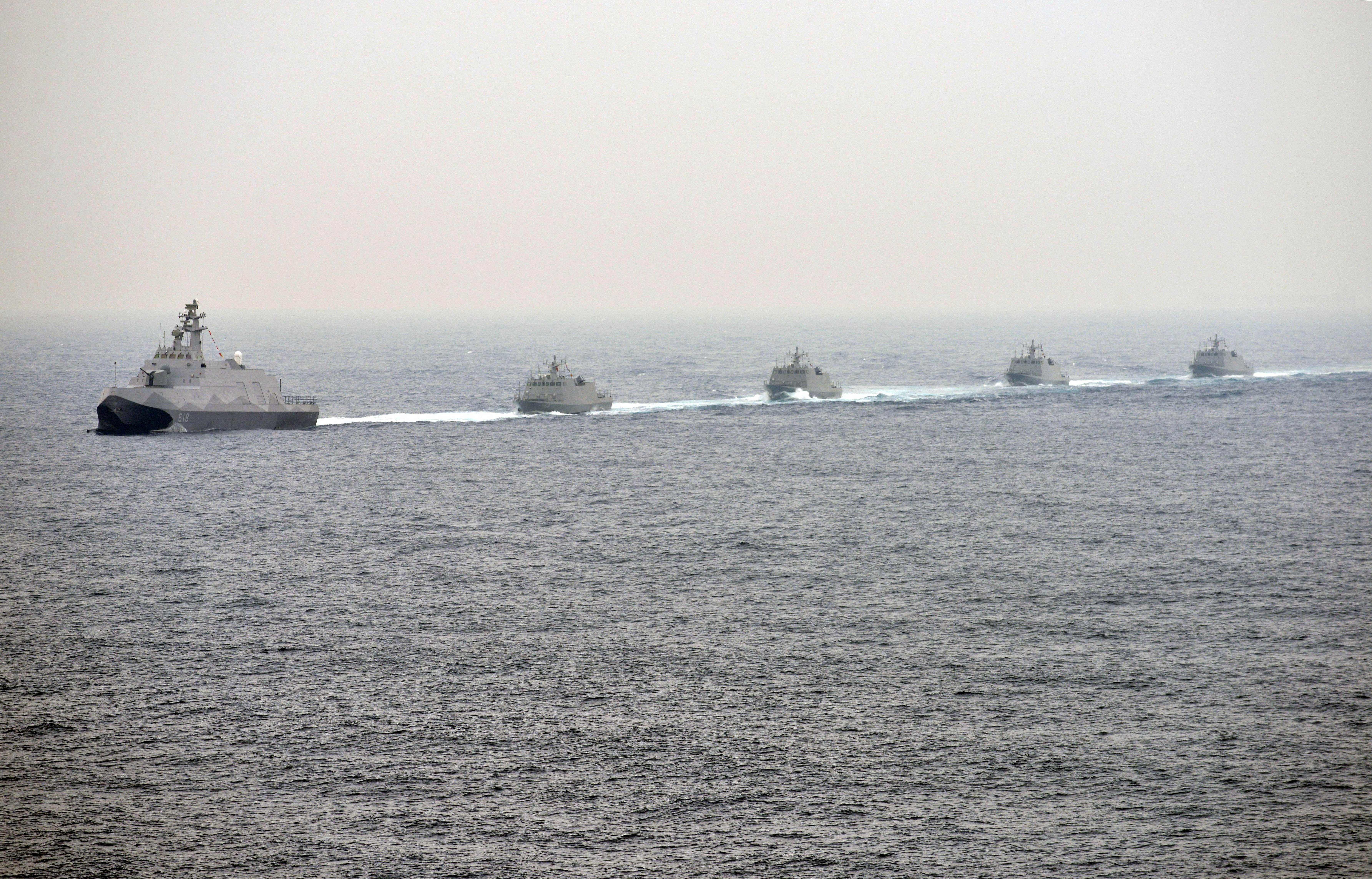 Naval vessels participate in a Taiwanese military drill near the naval port in Kaohsiung in southern Taiwan on Jan. 27, 2016.