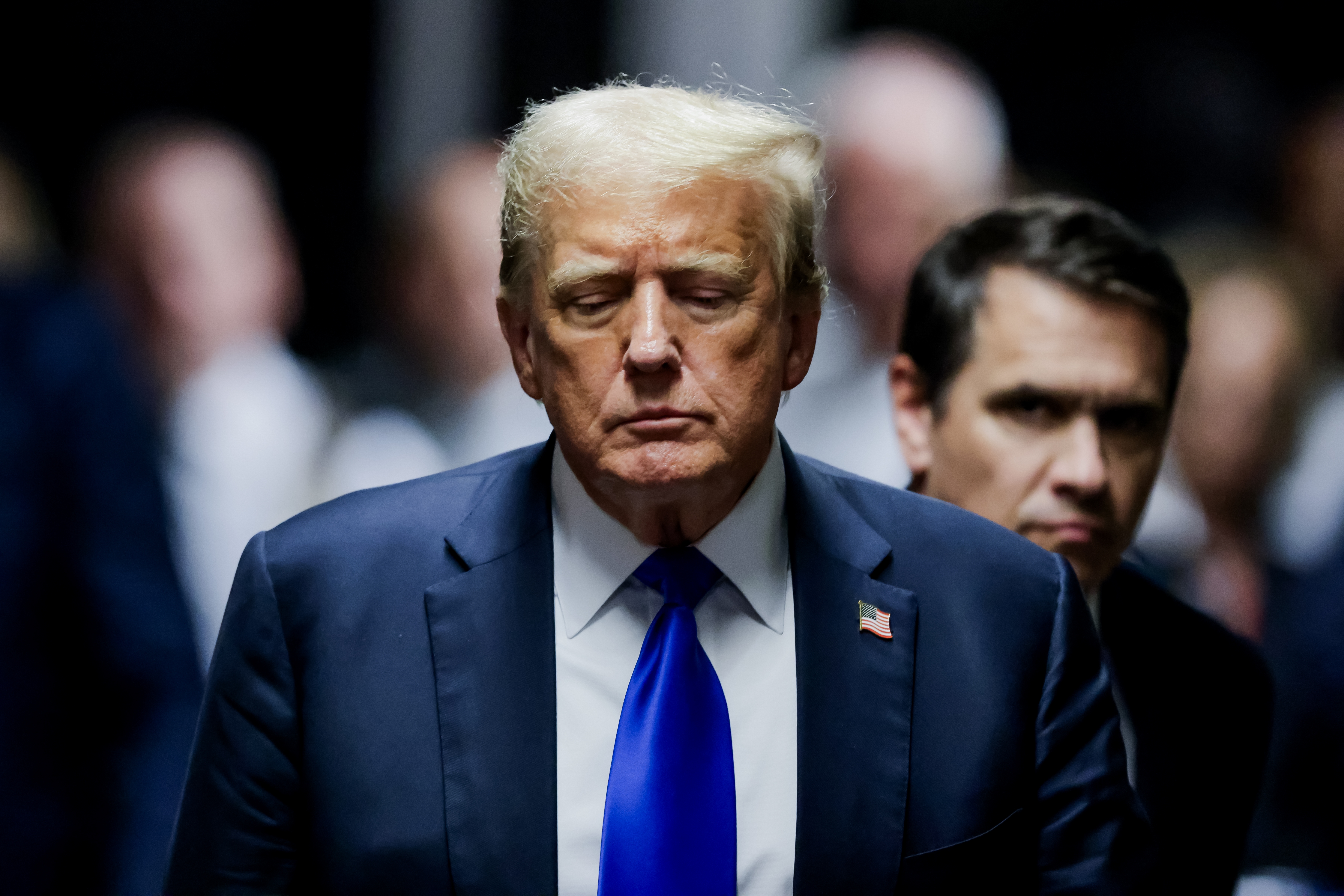 Former President Donald Trump departs the courtroom after being found guilty on all 34 counts in his hush money trial at Manhattan Criminal Court on May 30 in New York City. (Pool/Getty Images)