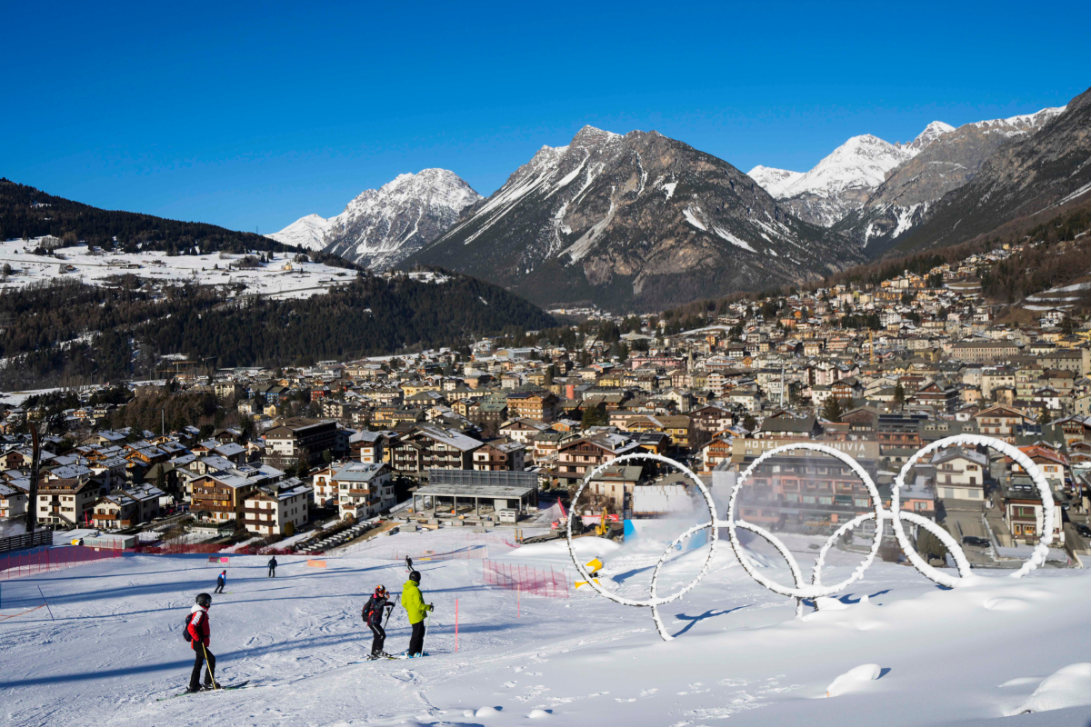 Olympic rings are seen in Jan. 2025 near a slope of the Stelvio Ski Center in Bormio, Italy.