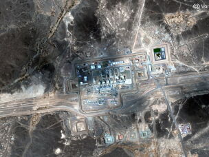 A satellite image captured by Vantor on Oct. 29, 2025 shows a pumping station along a cross-country pipeline used by Saudi Arabia to move oil.