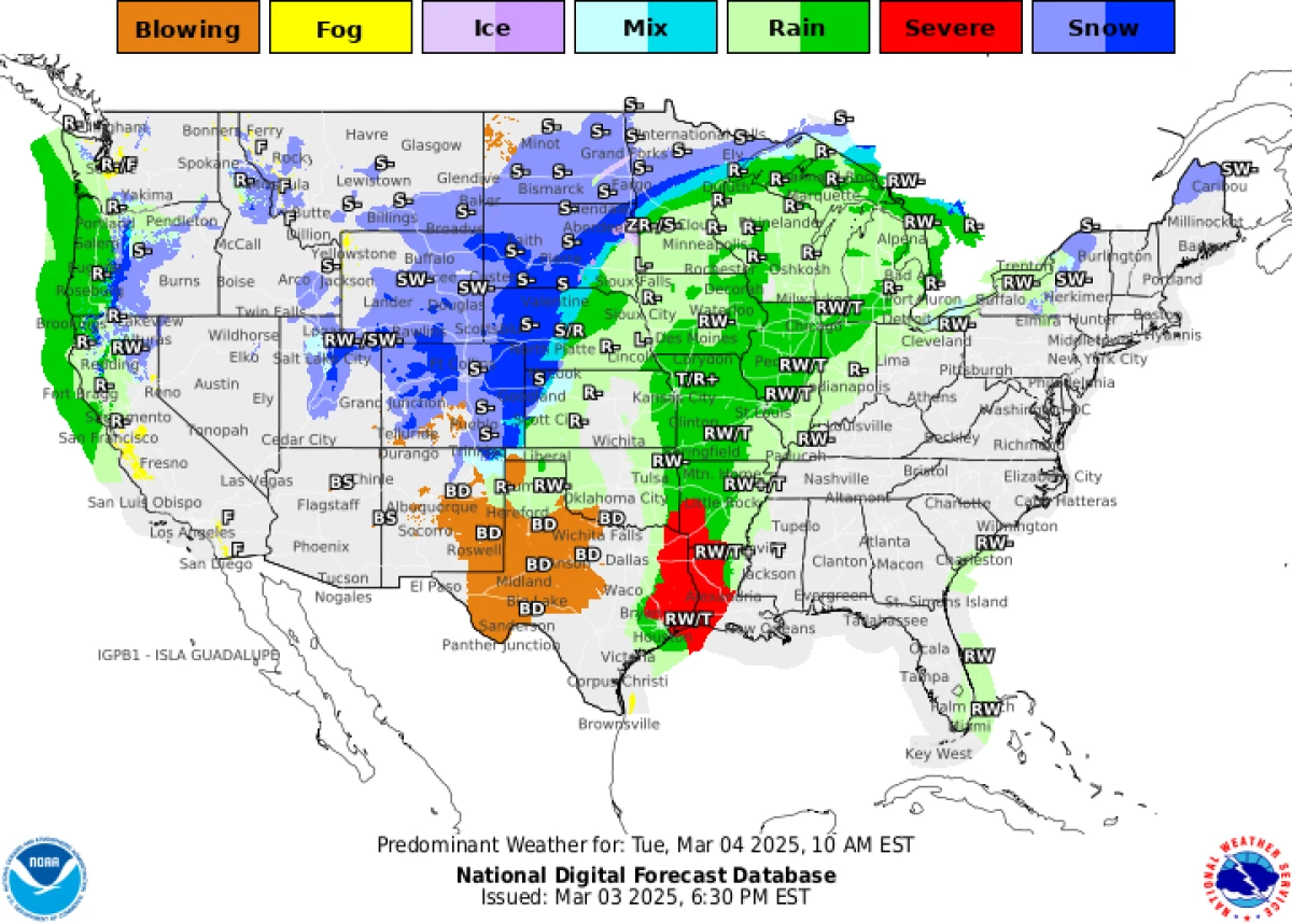 This graphic by the National Weather Service shows forecasted weather conditions across the U.S. for Tuesday, March 4, 2025.
