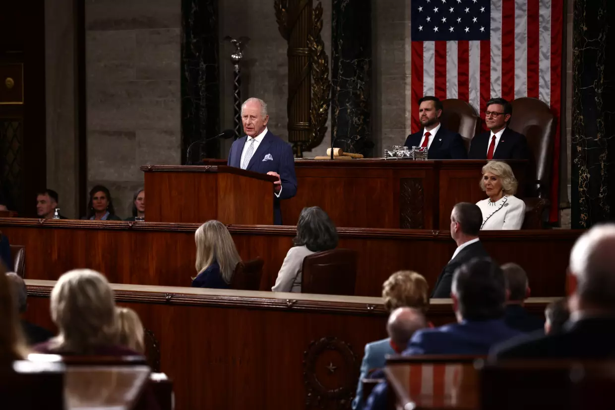 King Charles addresses a Joint Meeting of Congress at the U.S. Capitol on Tuesday. Charles and Queen Camilla are visiting the nation's capital, New York City, and Virginia as part of a trip arranged to celebrate the United States of America's 250th anniversary of its independence.