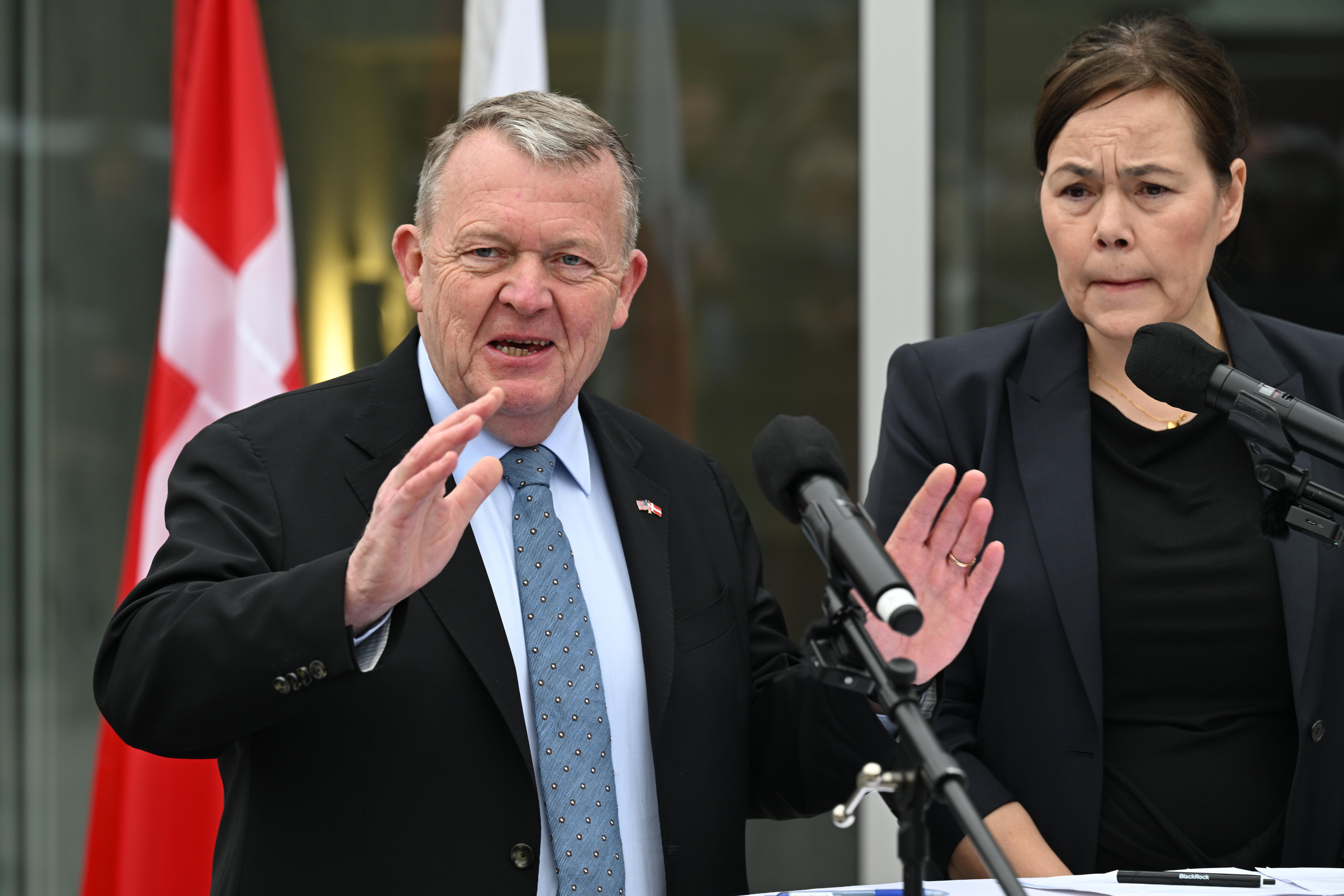 Denmark's Foreign Minister Lars Løkke Rasmussen and Greenland's Foreign Minister Vivian Motzfeldt speak at a news conference at the Embassy of Denmark in Washington, D.C., on Wednesday. (AP)