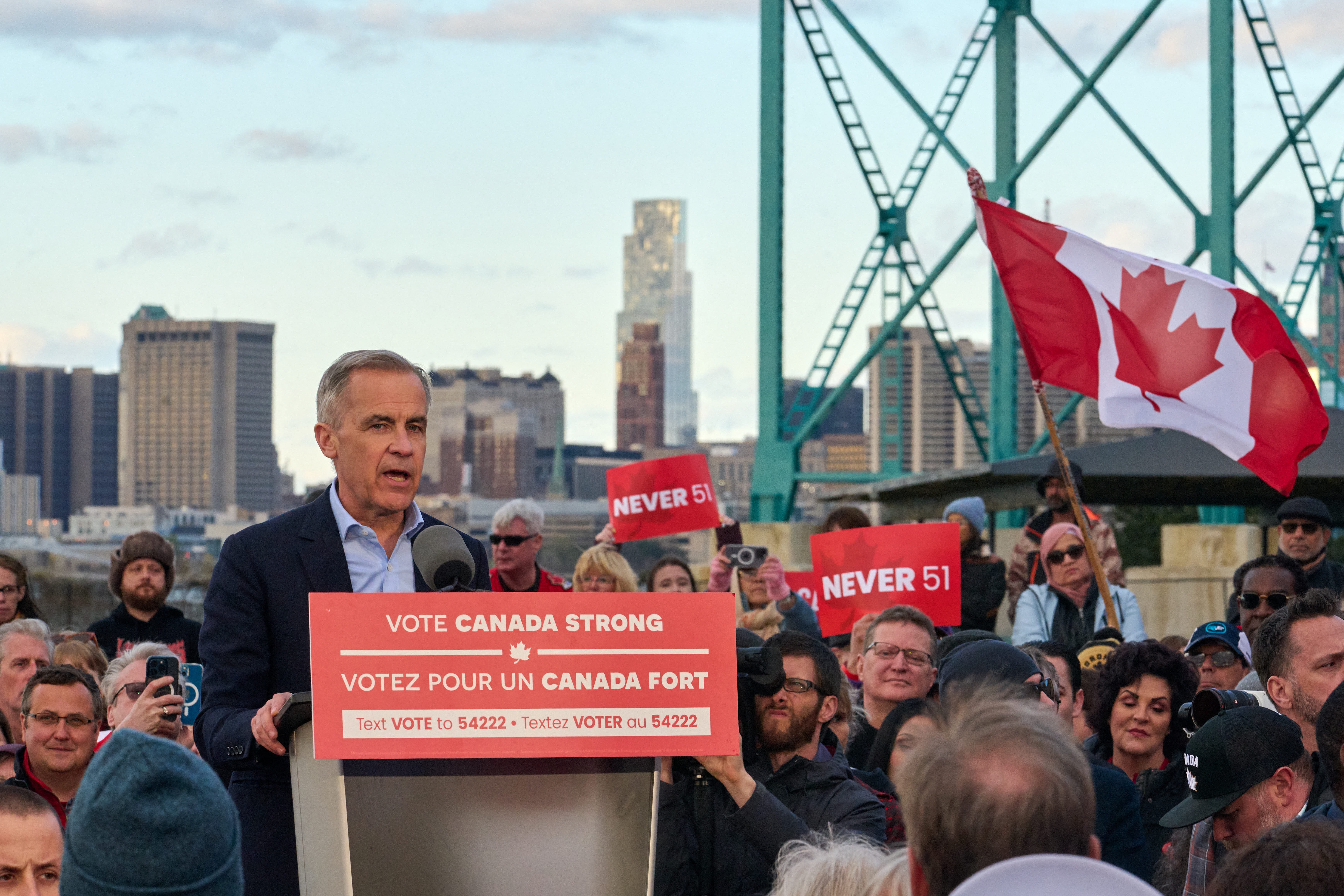 Canadian Prime Minister Mark Carney holds an election rally in Windsor, Ontario, on April 26.