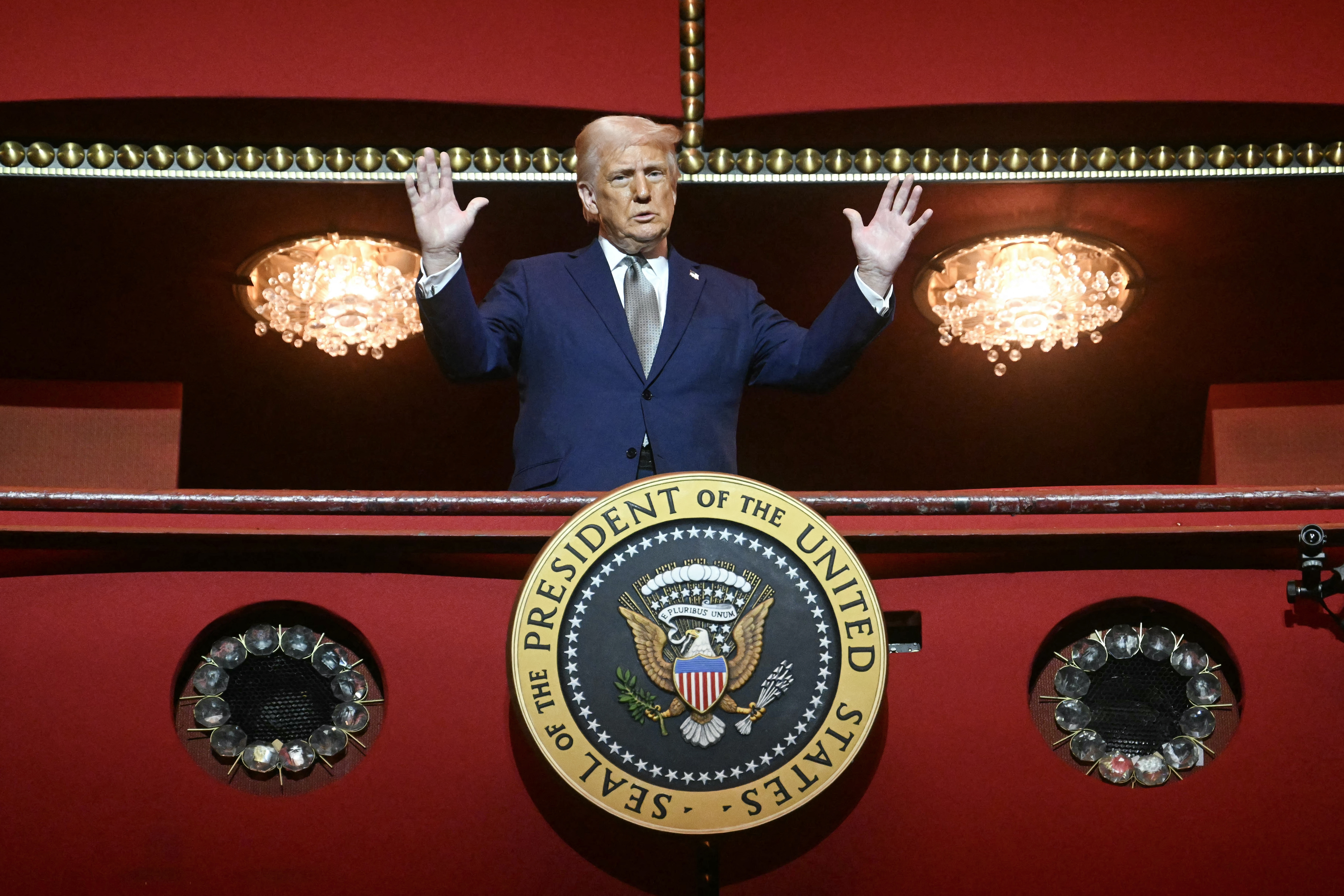 President Trump stands in the presidential box as he tours the John F. Kennedy Center for the Performing Arts in Washington, D.C., on March 17.