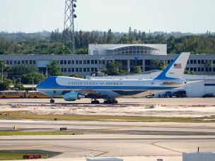 Air Force One pictured outside Palm Beach International Airport in April. Trump makes frequent trips to his Florida home.
