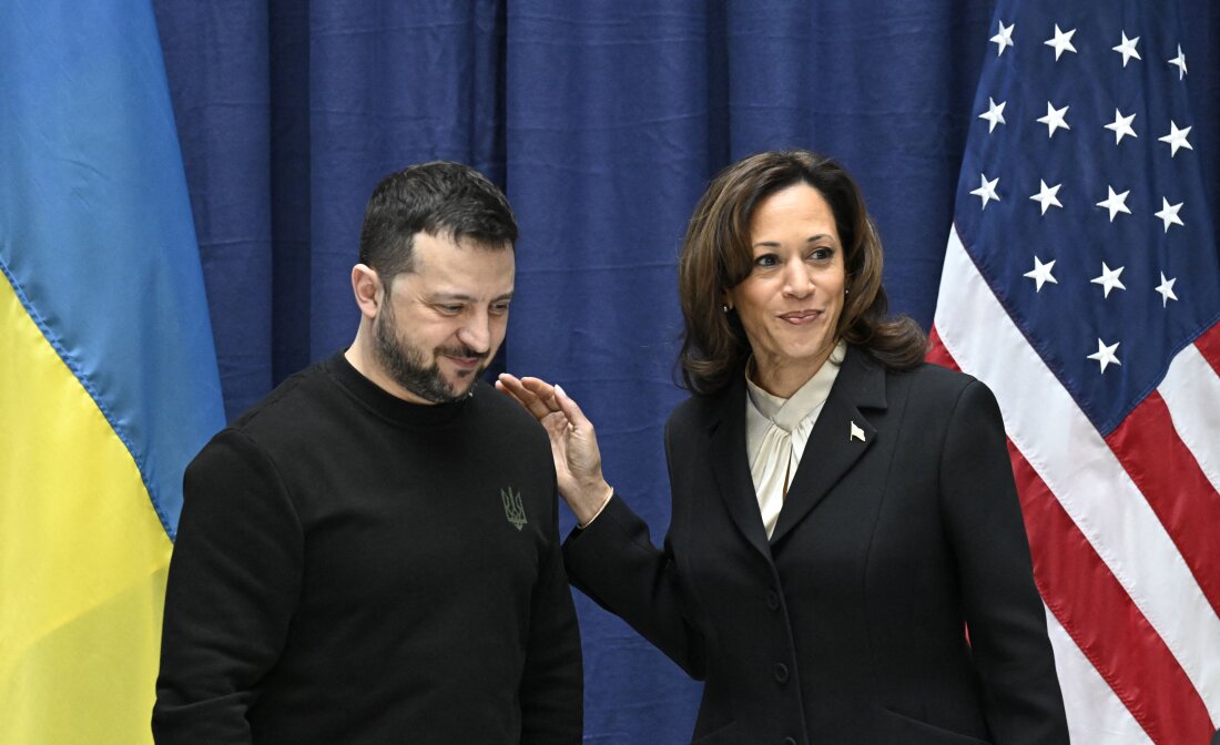 Ukrainian President Volodymyr Zelenskyy and Vice President Harris at the Munich Security Conference on Feb. 17, 2024.