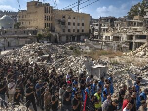 An Ashura procession passes through empty, shattered streets of Nabatiyeh, Lebanon, where nearly the entire city has been displaced by Israeli bombardments and evacuation orders.