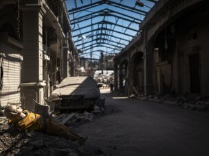 Extensive destruction in the historic old market of Nabatiyeh, Lebanon, in a largely emptied city surrounded by damaged buildings. Nearly all of Nabatiyeh's 80,000 residents have been displaced due to Israeli bombardments and evacuation orders.