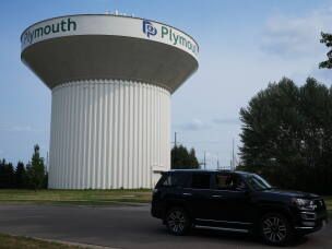A water tower is seen Thursday, July 30, 2026, in Plymouth, Minn. A cyberattack targeted the operating technology at over 30 water systems in Minnesota, including Plymouth's, earlier this week, state officials said.