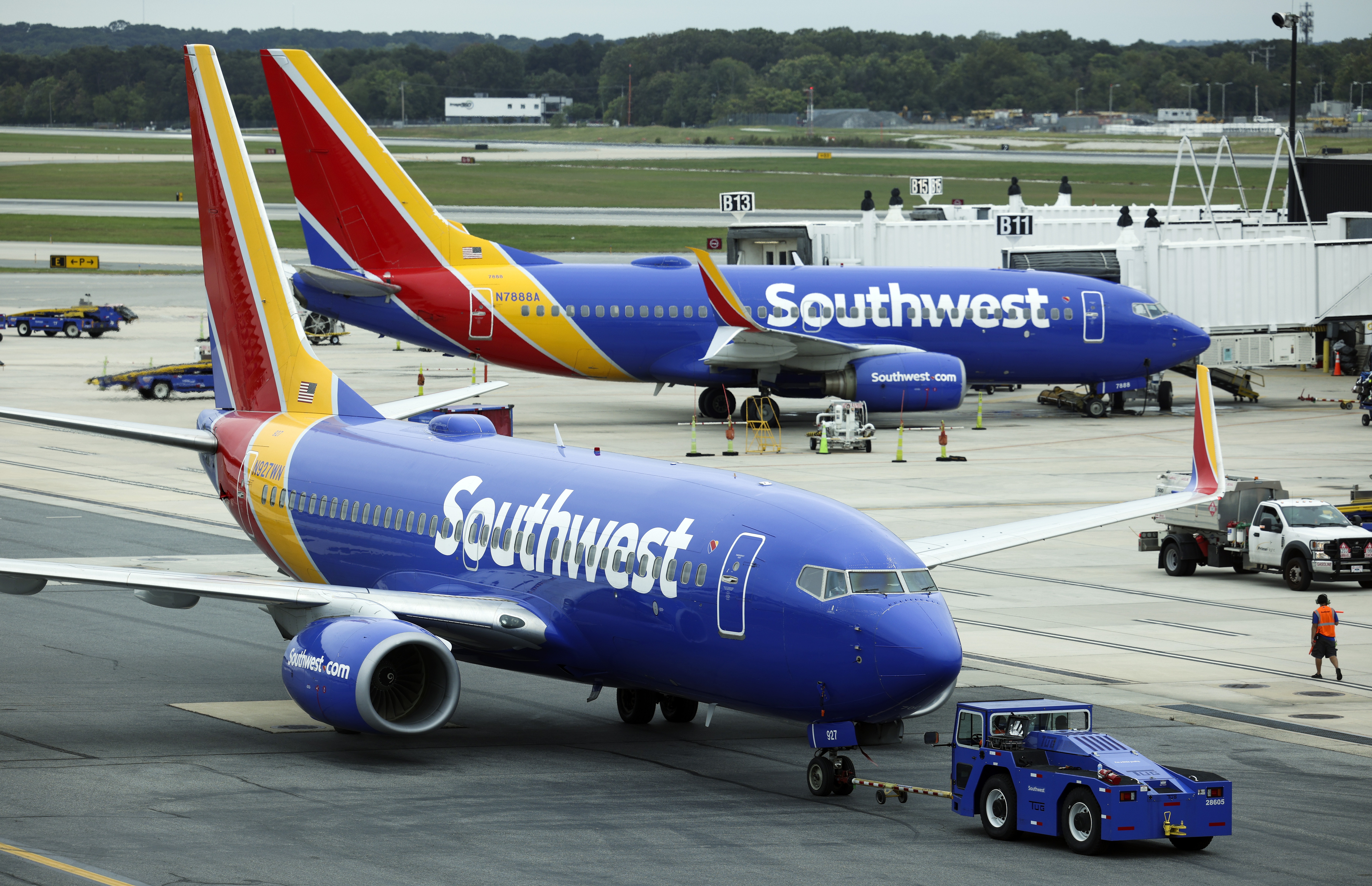 Southwest Airlines planes are seen at Baltimore Washington International Thurgood Marshall Airport in 2021. The airline is requiring passengers using portable chargers in-flight to make them visible to the crew.