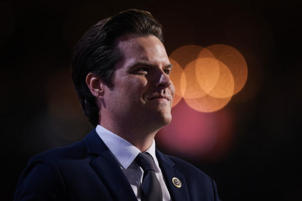 Rep. Matt Gaetz, R-Fla., speaks on stage on the third day of the Republican National Convention on July 17 in Milwaukee.