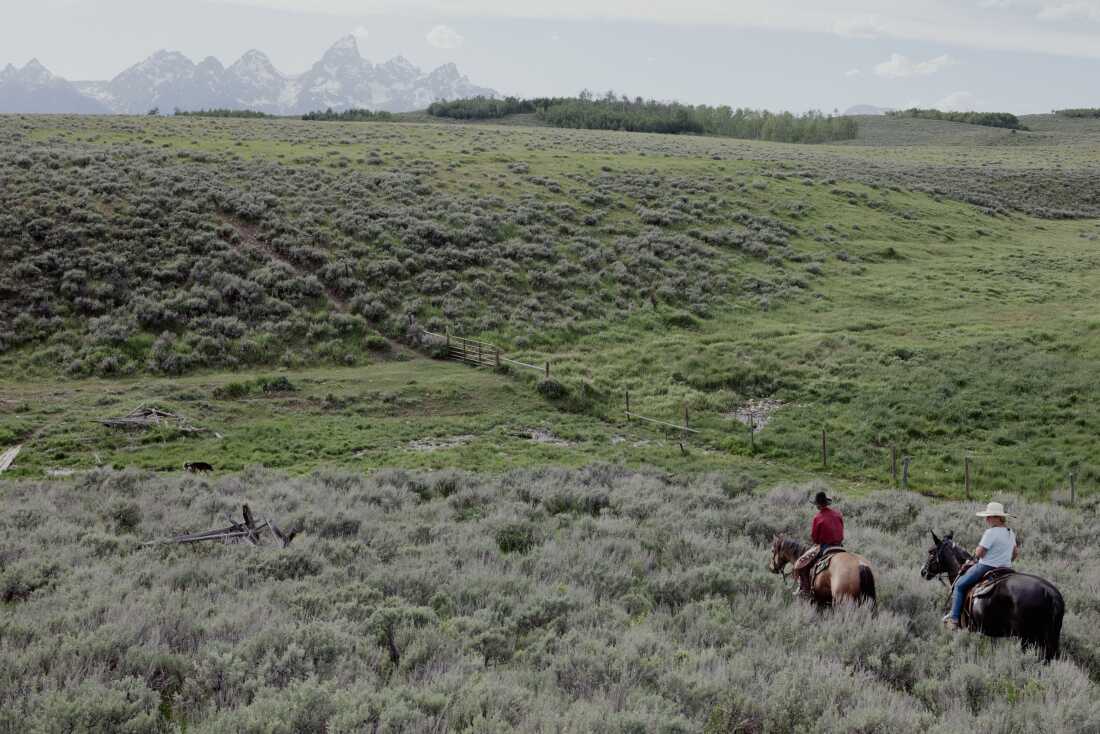 Jake Hutton and Anne McIntosh, a realtor visiting from Virginia, guide their horses past a spring on the Kelly Parcel.